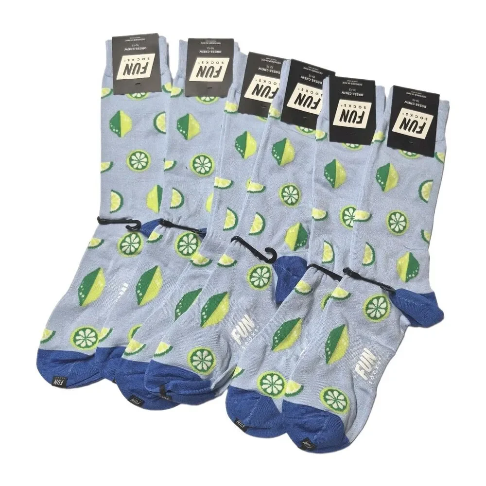 NWT Lot 6 Fun Socks Mens Blue Lime Citrus Patterned Novelty Dress Crew 10-13
